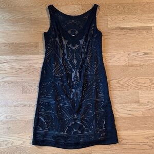 Neiman Marcus Black Sheer Mini Dress with Gold Silk Slip